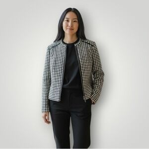 Louben Womens Houndstooth Wool Blend Tweed‎ Zip Jacket Black White 8